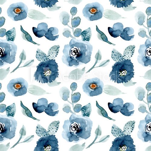 pretty blue floral watercolor seamless pattern