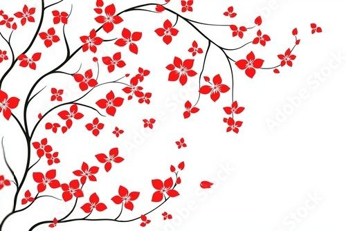 Red Flowers on Black Branches on White Background