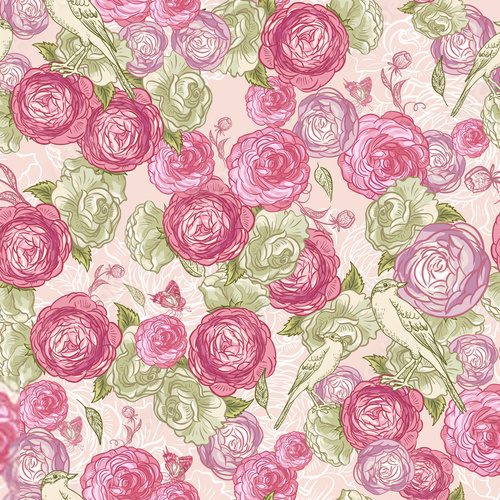 Rose Seamless Background with Birds 