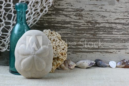 Sea Themed Background with Rustic Wood and Decorative Fishing Ne