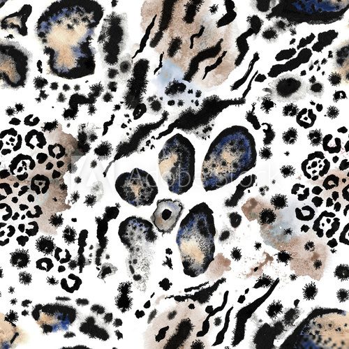 Seamless animal print. Beautiful spotted skin pattern on white background. Wild mix of leopard spots and tiger stripes, hand painted watercolor.
