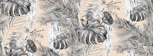 Seamless botanical pattern with black and white Jungle with watercolor leaves for textile