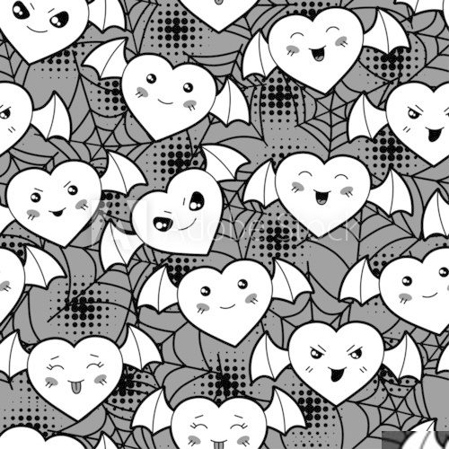 Seamless halloween kawaii cartoon pattern with cute hearts. 