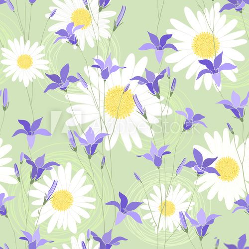 Seamless pattern with camomiles and bellflower 