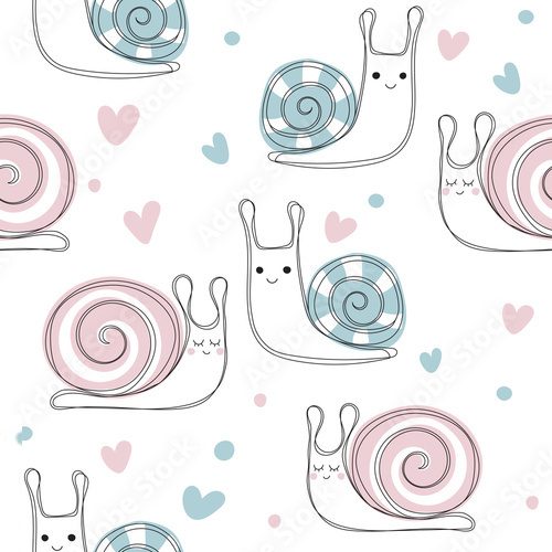 Seamless pattern with cute snail hearts. Pink and blue snails. Vector hand drawn illustration. Fashion kids print.