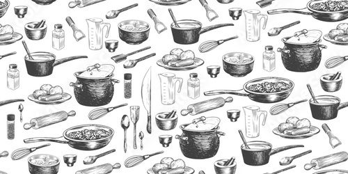 Seamless pattern with kitchen utensils for cooking. Cooking pot, mortar and pestle, saucepan, spatula, measuring cup. Sketch style peeler, knife, whisk, salt jar, pepper shaker, frying pan. Background