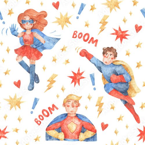 Seamless pattern with  superheroes. Watercolor texture with people in costume of superheroes and comics symbols. Hand-drawn pattern with fighting characters