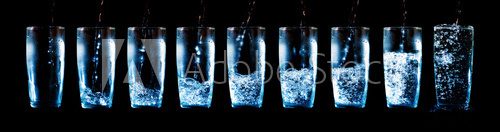 Set of glasses with water and ice on a black background
