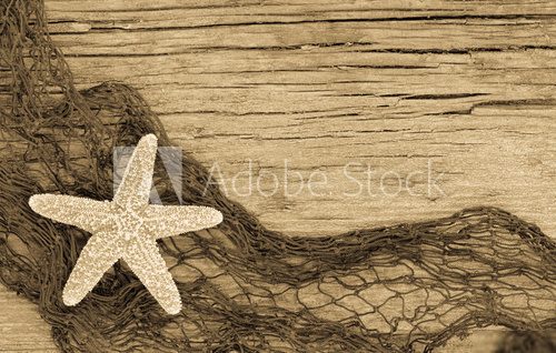Starfish and fishnet on weathered  wood in sepia