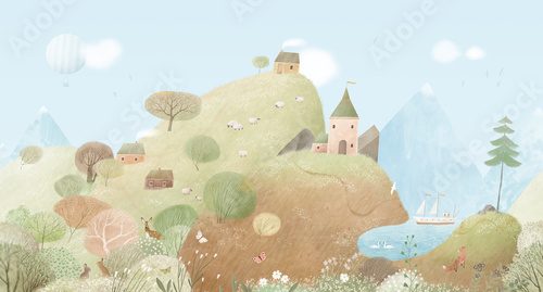 Summer landscape with hills, lake, village houses, castle. Watercolor illustration. Cute landscape for a child's room. Hand drawn illustration. Wall art. Seamless pattern.