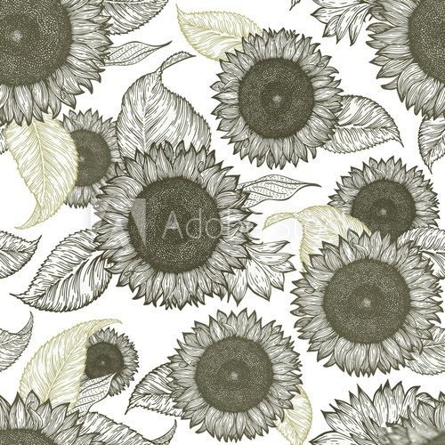 Sunflower vintage seamless pattern. Sunflower retro background. Vector hand drawn illustration.