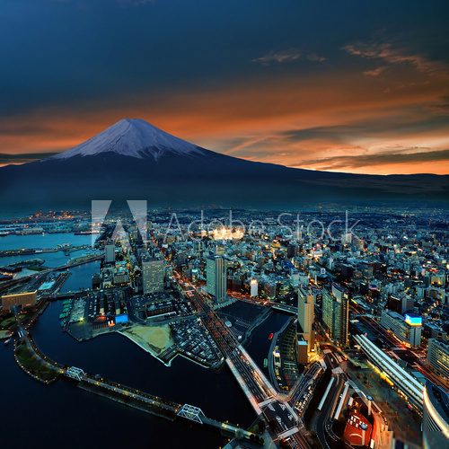 Surreal view of Yokohama city and Mt. Fuji
