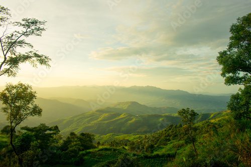 The longitudinal mountains and the setting sun and the forest on Doi Tung
