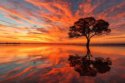 Tranquil Sunset Silhouette and Orange Sky Reflections