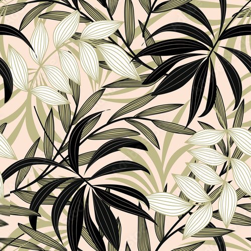 Trend abstract seamless pattern with colorful tropical leaves and plants on a delicate background. Vector design. Jungle print. Flowers background. Printing and textiles. Exotic tropics. Fresh design.