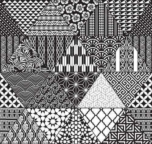 Tribal collage in black and white. Ethnic triangle patchwork seamless background.