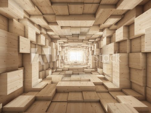 Tunnel aus Holzblöcken mit Leuchteffekt