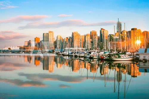Vancouver skyline with harbor at sunset, BC, Canada 