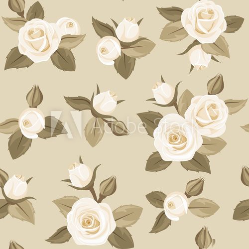 Vector seamless pattern with white roses on beige.