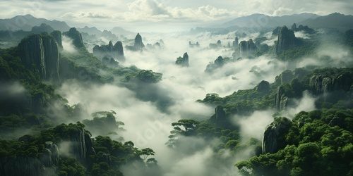 Verträumte Berglandschaft im Nebel