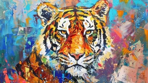 vibrant abstract tiger portrait colorful acrylic palette knife painting on canvas modern animal art