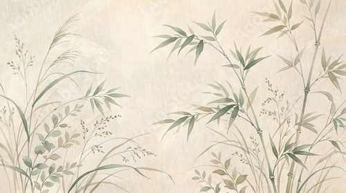 Vintage bamboo ink painting on textured paper, traditional oriental botanical mural, zen nature background with green leaves and grass