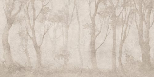 Vintage forest landscape mural in sepia tones, antique woodland wallpaper texture, ethereal misty tree grove illustration for interior design