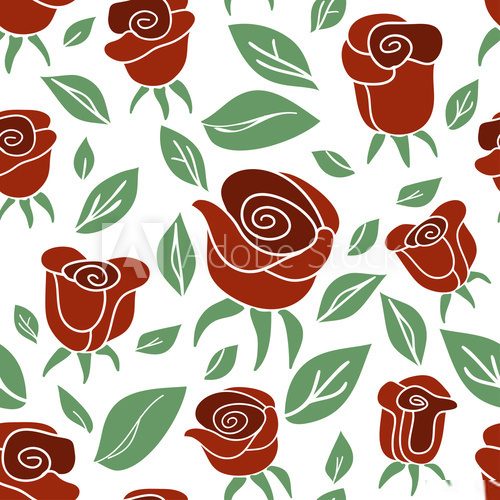 Vintage seamless pattern Roses (red, green, white) 