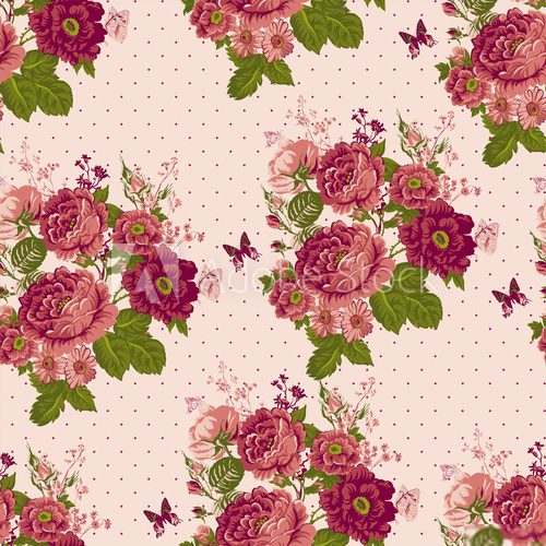 Vintage Seamless Roses Background with Butterflies 
