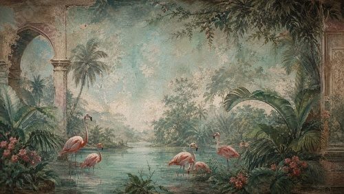 Vintage tropical flamingo garden mural in antique fresco painting style