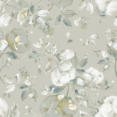 Watercolor seamless pattern of light flowers. Plain background. Beautiful print for decoration of textiles and design. Art drawing. Paints, paper, pencil, graphic, pastel.