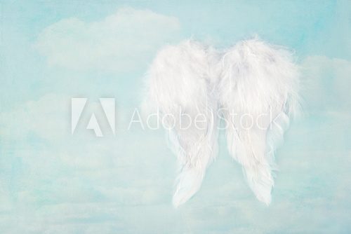 White angel wings on blue sky background 