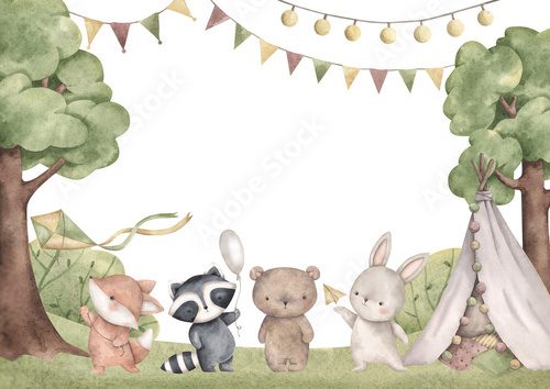 Woodland friends. Watercolor hand-drawn frame with forest animals in a forest glade, children's hut, tree, bushes and flags Themplate card for design baby shower, birthday, nursery.