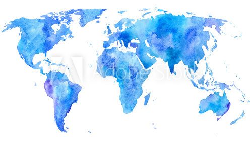 World map.Earth.Watercolor hand drawn illustration.White background.