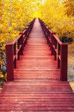 Herbstlicher Pfad auf rotem Steg