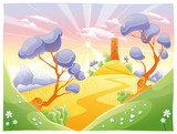 Landscape with tower. Funny cartoon and vector illustration.