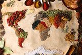 Map of world made from different kinds of spices, close-up 
