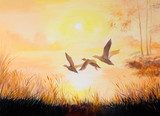 oil painting - Cranes at sunset, art work