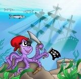 Pirate octopus near ship underwater