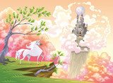 Unicorn and mythological landscape Vector illustration