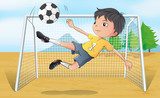 A soccer player kicking a soccer ball