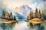 a watercolor painting of a mountain lake, generative AI