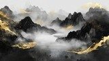 Abstract black and gold watercolor background with mountains