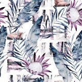 Abstract print with marble random elements and watercolor leaves, flowers. Exotic pattern in retro style. Hand drawn illustration