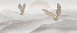 Art background with birds against the backdrop of mountains and hills in a light watercolor style with line elements. Vector banner for decoration, print, textile, poster, interior design.