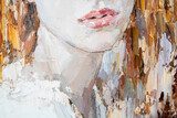 Art painting. Pink female lips. Fragment of portrait of a girl with brown hair is made in a classic style.