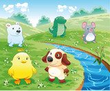 Baby pets near the river Cartoon and vector illustration