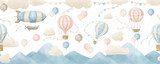 Baby Wallpaper with Hot Air Balloons and clouds. Hand drawn watercolor seamless Pattern for children. Illustration in delicate blue and pink Pastel colors. Background for boy or girl room design