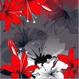 Background with red lily flowers