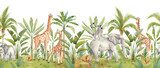 Beautiful tropical horizontal seamless pattern with hand-painted watercolor animals and palm trees. African animals: giraffe, elephant, zebra, lemur. Botanical art. Perfect for wallpaper and stickers.